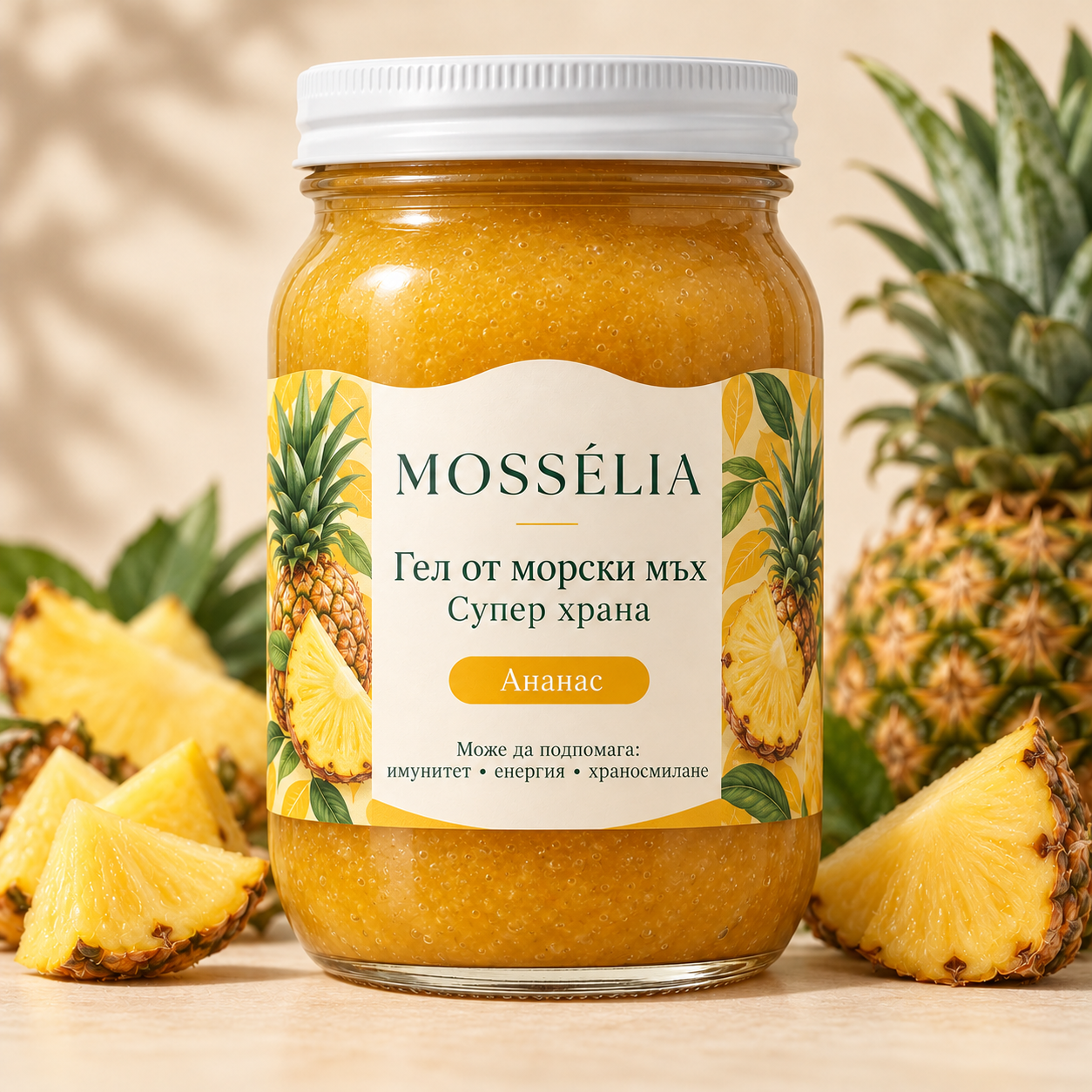 MOSSÉLIA Sea Moss Gel Ананас — буркан с ананас наоколо